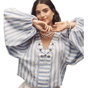 Athropologie Linen Dolman Lace Up Blouse with Blouson Sleeves sz LG